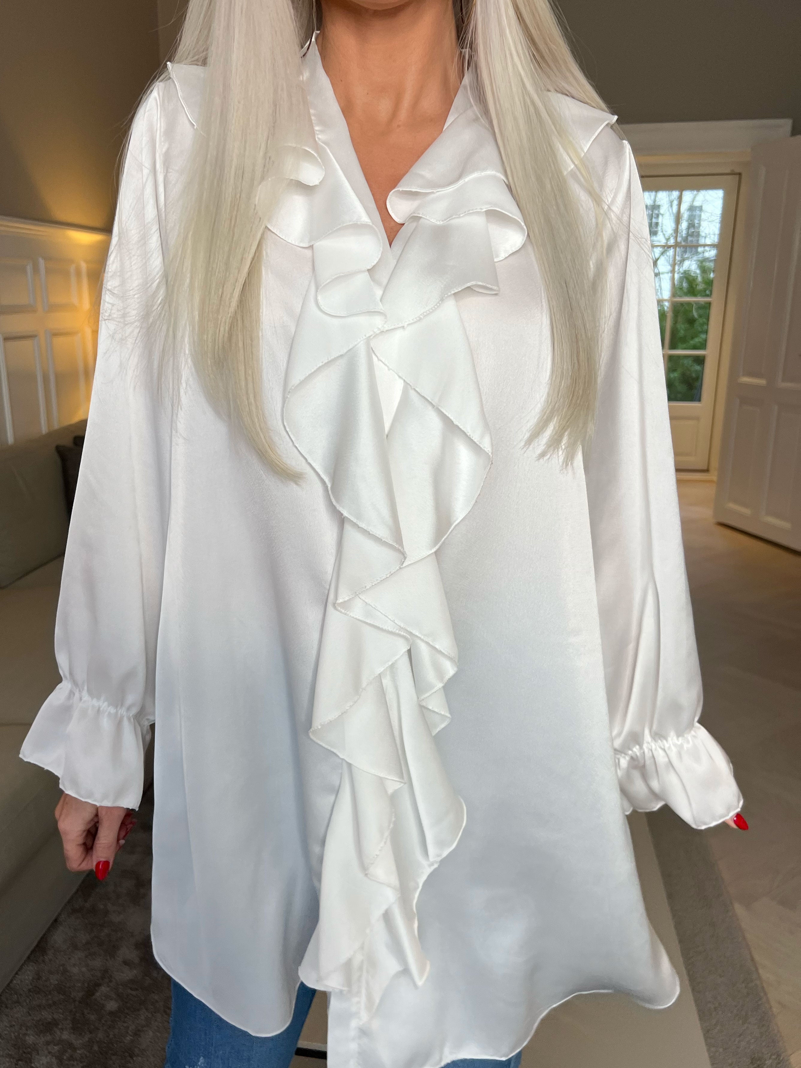 Abira - Plain skjortekjole i silkelook med flæser